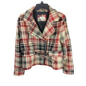 Cato Plaid Moto Jacket Belted Zip‎ Biker Chic Red Black Womens Size Large